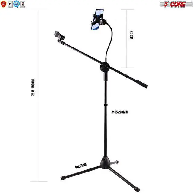 Alt view image 2 of 7 - 5 Core Mic Stand with Tablet and Phone Holder  Adjustable Gooseneck Microphone Stand;  Collapsible Tripod Boom Mic Stand With Mic Clip Holder & Phone Clamp for Singing;  Karaoke;  Studio;  Parties