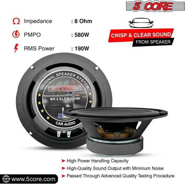 Alt view image 7 of 7 - 5 Core 8 Car Audio Speakers with Bullet 580 W 8 Ohm Mid-Range Loudspeaker MR 8 BLT R 8oHM