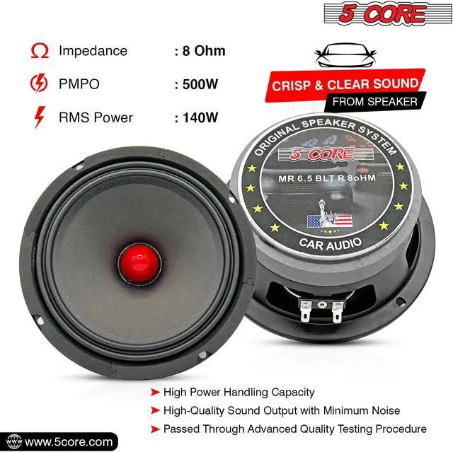 Alt view image 4 of 7 - 5 Core 6.5 Car Audio Speakers with Bullet 500 W 8 Ohm Mid-Range Loudspeaker MR 6.5 BLT R 8oHM