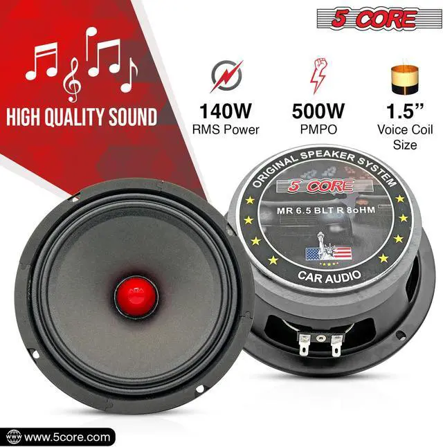 Alt view image 5 of 7 - 5 Core 6.5 Car Audio Speakers with Bullet 500 W 8 Ohm Mid-Range Loudspeaker MR 6.5 BLT R 8oHM