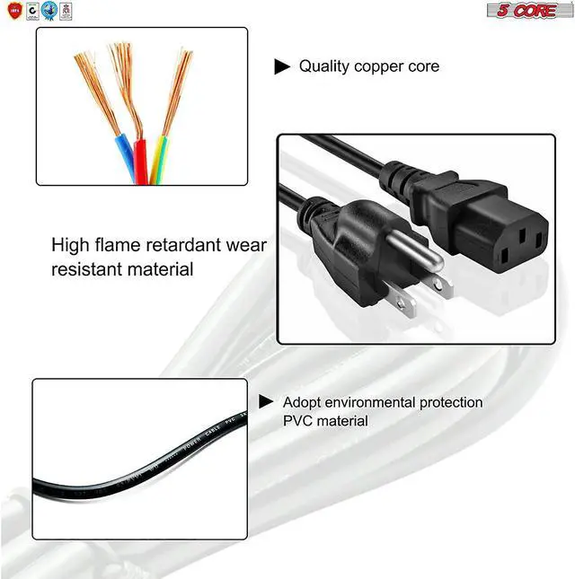 Alt view image 4 of 7 - 5 Core Extra Long AC Wall Power Cord for Led TV Vizio Samsung 12 Feet 3 Prong PC 1002