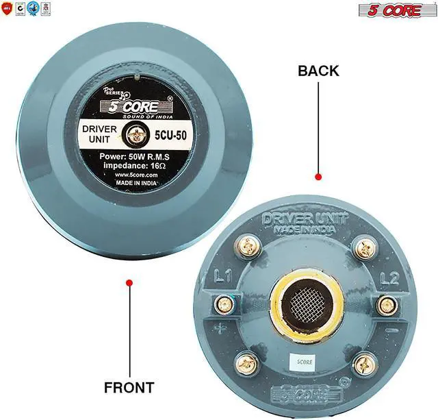 Alt view image 2 of 7 - 5 Core 50 Watt RMS (500W PMPO) 16 ohms Speaker Compression Driver 160Hz - 7KHz Frequency; Mid Range Tweeter Unit with Aluminium Body with Diaphragm Screw on Type (DU-50)