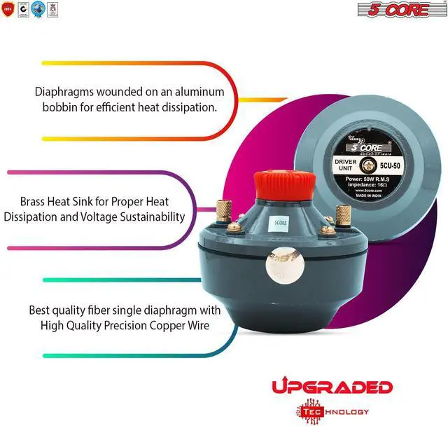 Alt view image 3 of 7 - 5 Core 50 Watt RMS (500W PMPO) 16 ohms Speaker Compression Driver 160Hz - 7KHz Frequency; Mid Range Tweeter Unit with Aluminium Body with Diaphragm Screw on Type (DU-50)