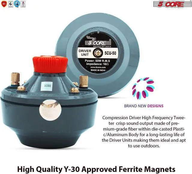 Alt view image 6 of 7 - 5 Core 50 Watt RMS (500W PMPO) 16 ohms Speaker Compression Driver 160Hz - 7KHz Frequency; Mid Range Tweeter Unit with Aluminium Body with Diaphragm Screw on Type (DU-50)