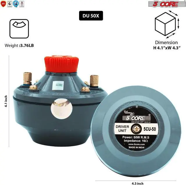 Alt view image 5 of 7 - 5 Core 50 Watt RMS (500W PMPO) 16 ohms Speaker Compression Driver 160Hz - 7KHz Frequency; Mid Range Tweeter Unit with Aluminium Body with Diaphragm Screw on Type (DU-50)