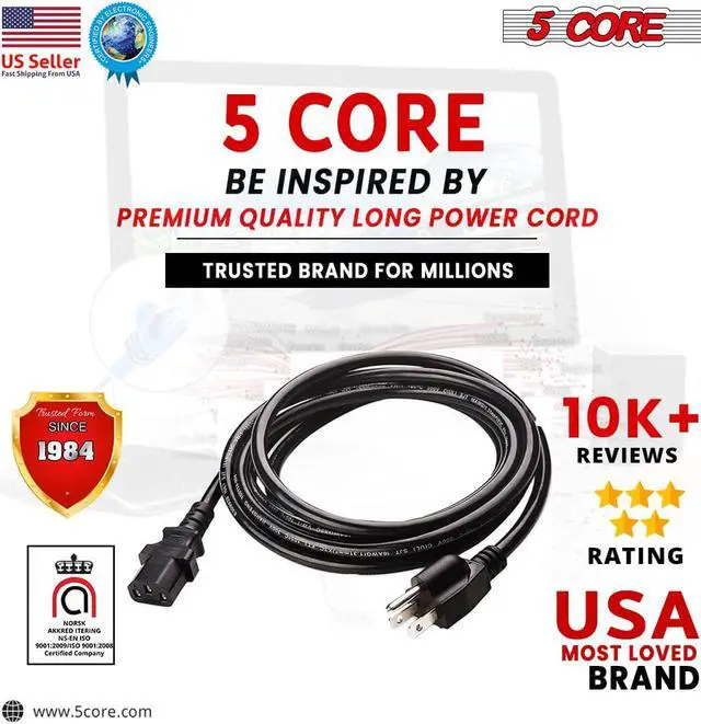 Alt view image 3 of 3 - 5 Core Extra Long AC Wall Power Cord for Led TV Computer PS3- PS5 10Feet 3 Prong PC 1002