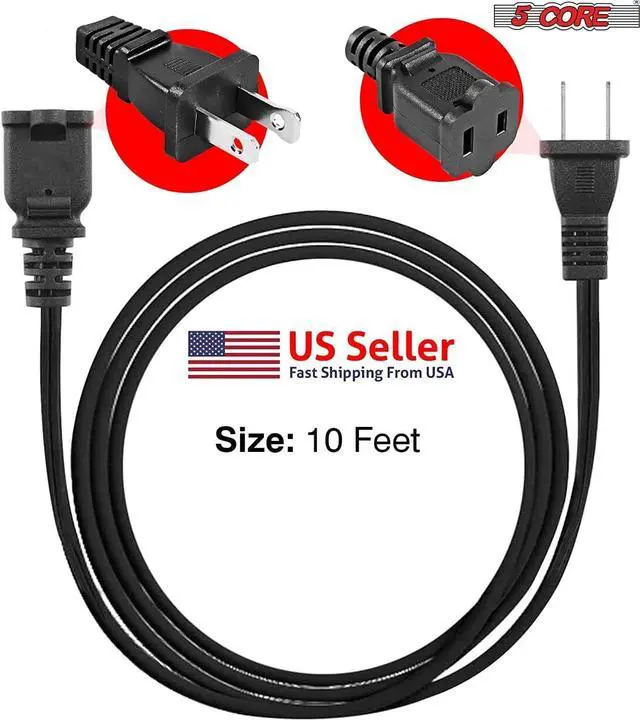 Alt view image 2 of 7 - 2-Prong Male-Female Extension Power Cord Cable; Outlet Extension Cable Cord US AC 2-Prong Male-Female Power Cable 13A/125V; Black 5 Core EXC BLK 10FT