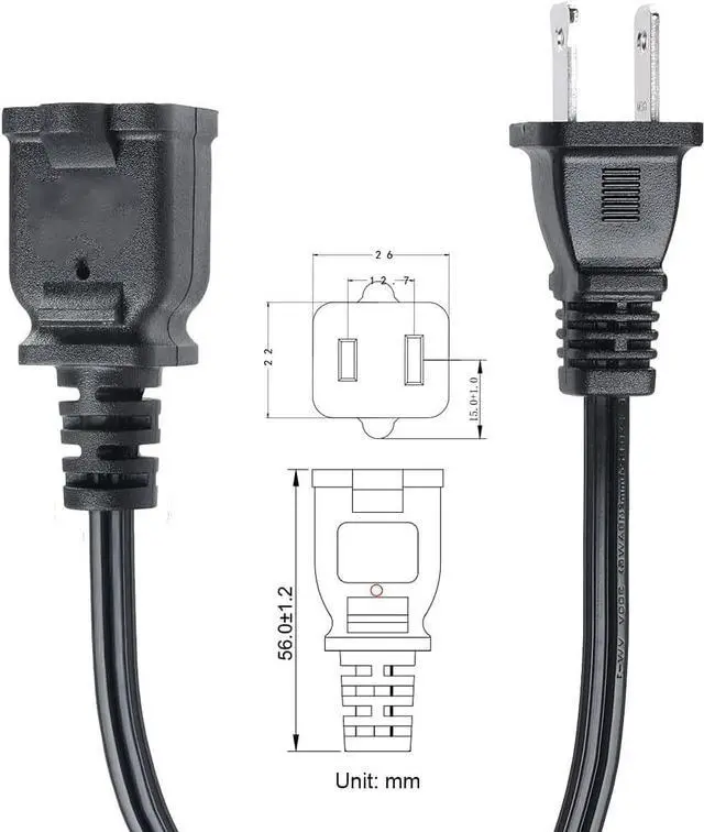 Alt view image 4 of 7 - 2-Prong Male-Female Extension Power Cord Cable; Outlet Extension Cable Cord US AC 2-Prong Male-Female Power Cable 13A/125V; Black 5 Core EXC BLK 10FT