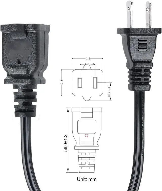 Alt view image 2 of 5 - 2-Prong Male-Female Extension Power Cord Cable; Outlet Extension Cable Cord US AC 2-Prong Male-Female Power Cable 13A/125V; Black 5 Core EXC BLK 15FT