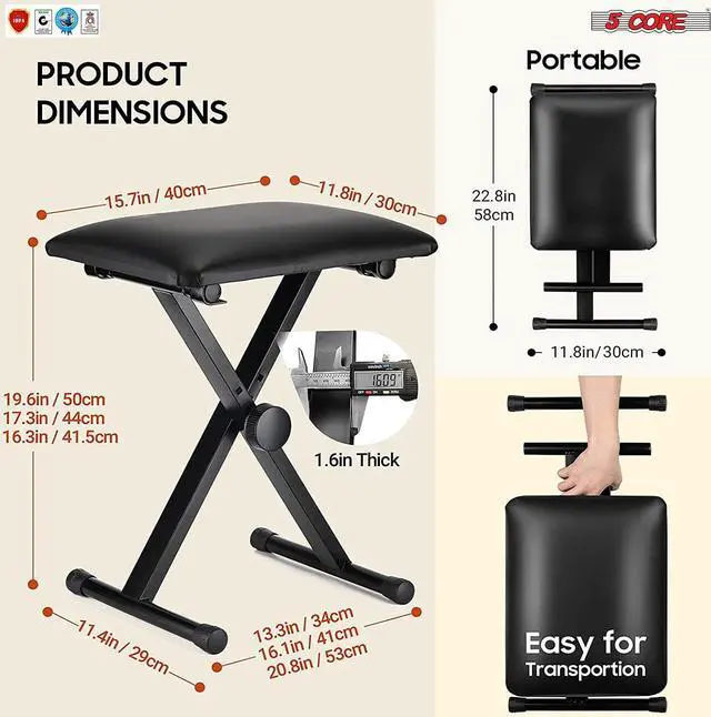 Alt view image 2 of 7 - 5 Core Premium Adjustable Padded Keyboard X-Style Bench Portable Foldable Piano Keyboard Stool Extra Thick Padded Chair 4 Non-Slip Rubber Feet; Thick Foam Cushion; Black DS 02