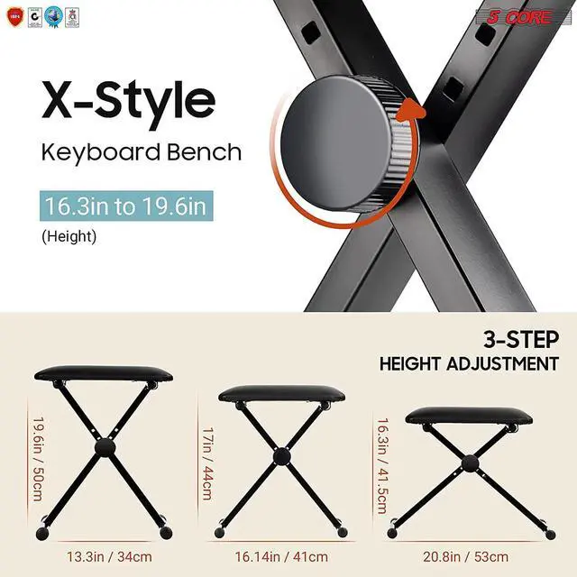 Alt view image 4 of 7 - 5 Core Premium Adjustable Padded Keyboard X-Style Bench Portable Foldable Piano Keyboard Stool Extra Thick Padded Chair 4 Non-Slip Rubber Feet; Thick Foam Cushion; Black DS 02