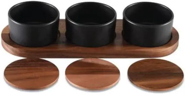 Main image of Kalmar Home Ceramic Condiment Set on Acacia Wood Base - Black Bowls
