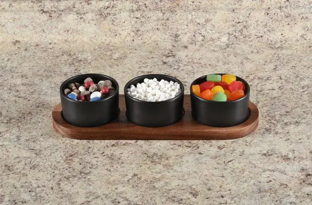 Alt view image 2 of 2 - Kalmar Home Ceramic Condiment Set on Acacia Wood Base - Black Bowls