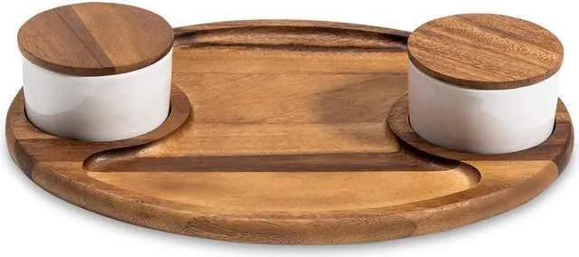 Main image of Kalmar Home Charcuterie / Serving Tray with 2 Ceramic White Bowls and Lids
