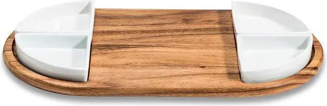Alt view image 2 of 2 - Kalmar Home Charcuterie / Serving Tray with 4 Triangular Ceramic White Bowls