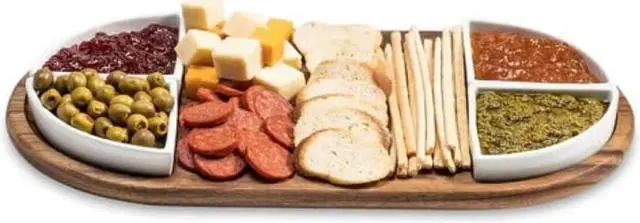 Main image of Kalmar Home Charcuterie / Serving Tray with 4 Triangular Ceramic White Bowls