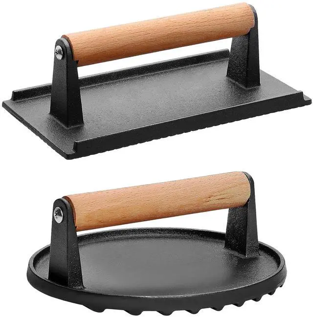 Main image of 2Pcs Cast Iron Grill Press Round & Rectangular Bacon Meat Smasher with Wood Handle - Black - One size