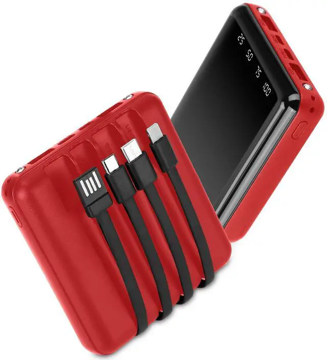 Main image of 10000mAh Power Bank with 4 Cables LED Flashlight External Battery - Red - One size