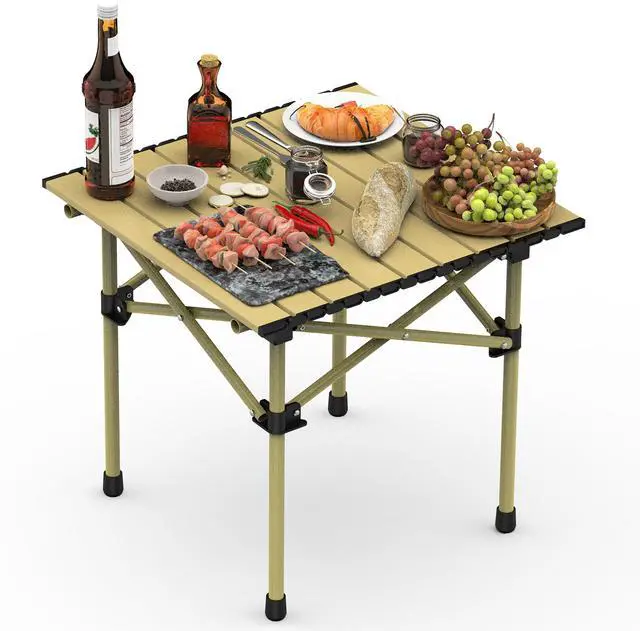 Main image of Fresh Fab Finds Folding Camping Table Roll-Up Steel Desk w/ Bag - Brown - 51x53cm