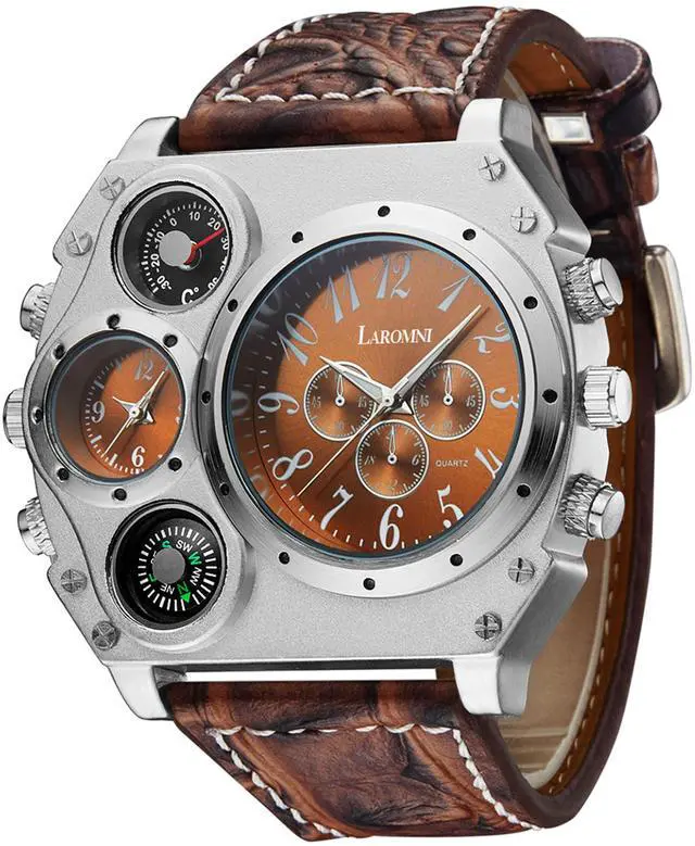 Main image of Fresh Fab Finds Mens Quartz Watch Dual Time Compass Thermometer PU Strap - Brown - One size