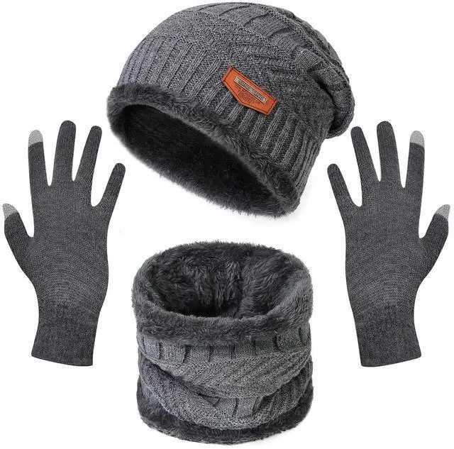 Main image of Fresh Fab Finds Winter Knitted Hat Scarf Gloves 3Pcs Winter Warm Beanie and Touch Screen Gloves Scarf Set Knit Beanie Skull Cap Neck Warmer Mittens for Men Women - Gray One size
