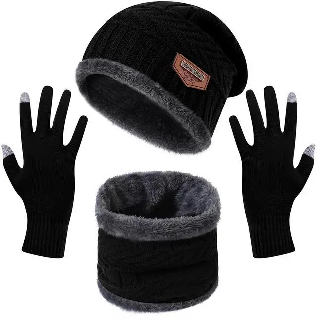 Main image of Fresh Fab Finds Winter Knitted Hat Scarf Gloves 3Pcs Winter Warm Beanie and Touch Screen Gloves Scarf Set Knit Beanie Skull Cap Neck Warmer Mittens for Men Women - Black One size