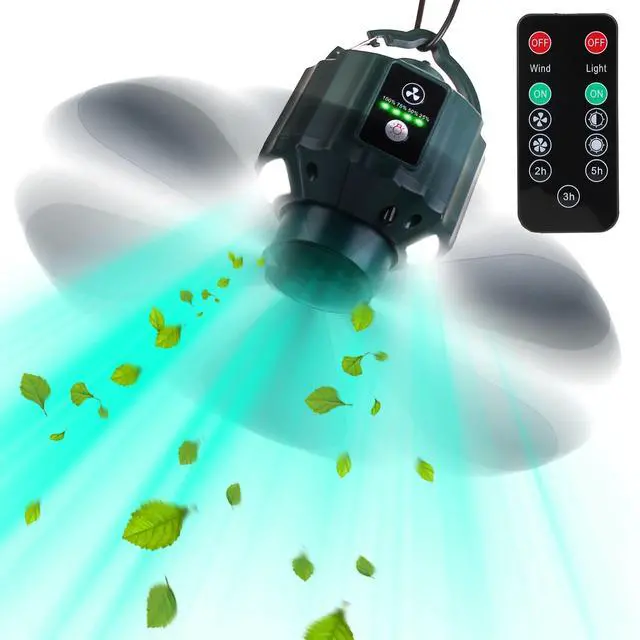 Main image of Fresh Fab Finds Portable Camping Ceiling LED Fan 5200mAh USB Battery Powered Hanging Tent Lantern Fan Power Bank with 3 Fan Speed 3 Light Brightness Smart Timer Remote - Black 5200mAh