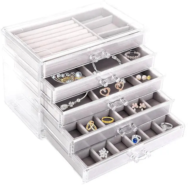 Main image of Fresh Fab Finds Clear Acrylic Jewelry Box w/ 5 Drawers Velvet Organizer for Rings, Bracelets, Gifts - Grey - One size