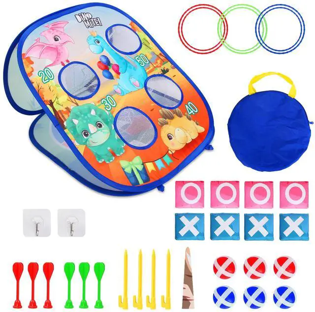 Fresh Fab Finds 5-in-1 Bean Bag Toss Game Set w/ Cornhole, Darts, Loops for Kids Outdoor Play - Dinosaur - One size
