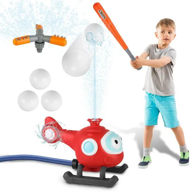 Main image of Fresh Fab Finds 2-in-1 Helicopter Water Sprinkler Baseball Tee Ball Toy 360° Rotating Spray - Multicolored