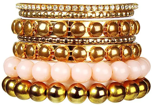 Main image of Fresh Fab Finds 7-Piece Retro Burnished Gold Bangle Bracelet Set with Inlaid Rhinestones - Multi - One size