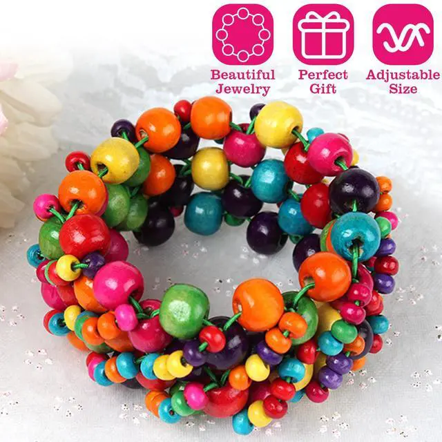 Main image of Fresh Fab Finds Multi-Color Wooden Beaded Stretch Bracelet for Women, Girls & Kids - Multi - One size