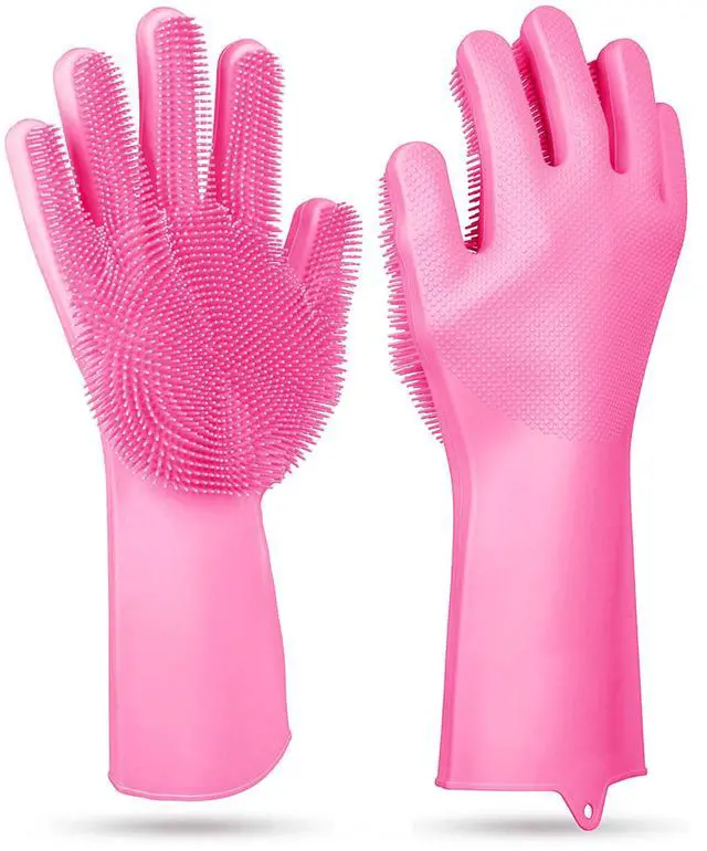 Main image of Fresh Fab Finds 1 Pair Silicone Dishwashing Gloves Heat Resistant & Scrubber - Pink - One size
