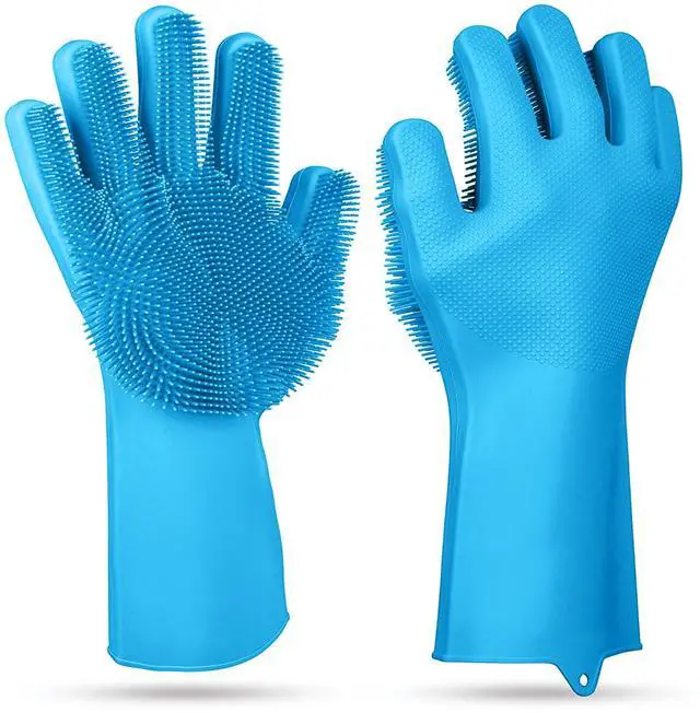 Main image of Fresh Fab Finds 1 Pair Silicone Dishwashing Gloves w/ Scrubber & Heat Resistance - Blue - One size