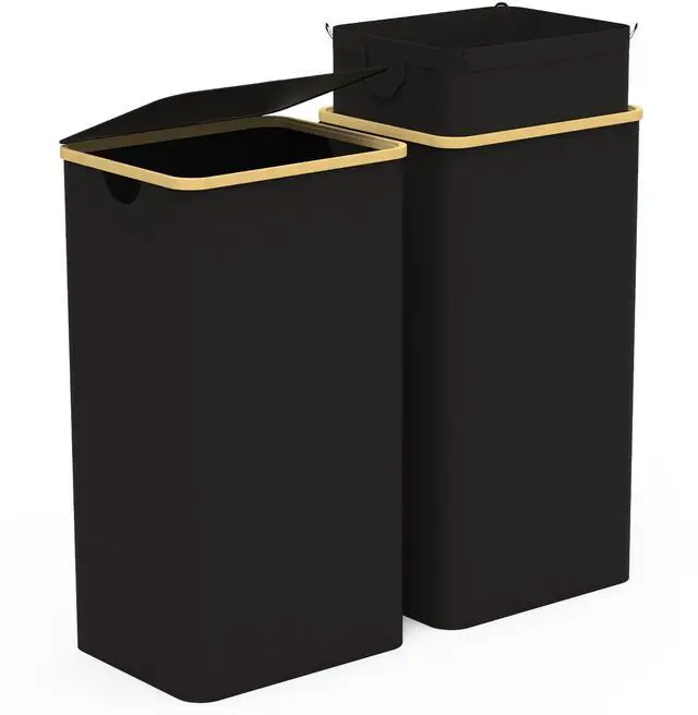 Main image of Fresh Fab Finds 2Pcs 100L Collapsible Laundry Hampers w/ Lid & Bamboo Frame - Black - One size