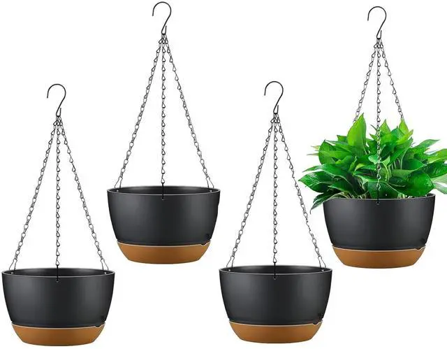 Main image of Fresh Fab Finds 4Pcs 9.64in Hanging Planters w/ Self-Watering Tray & Drain Holes - Black - One size
