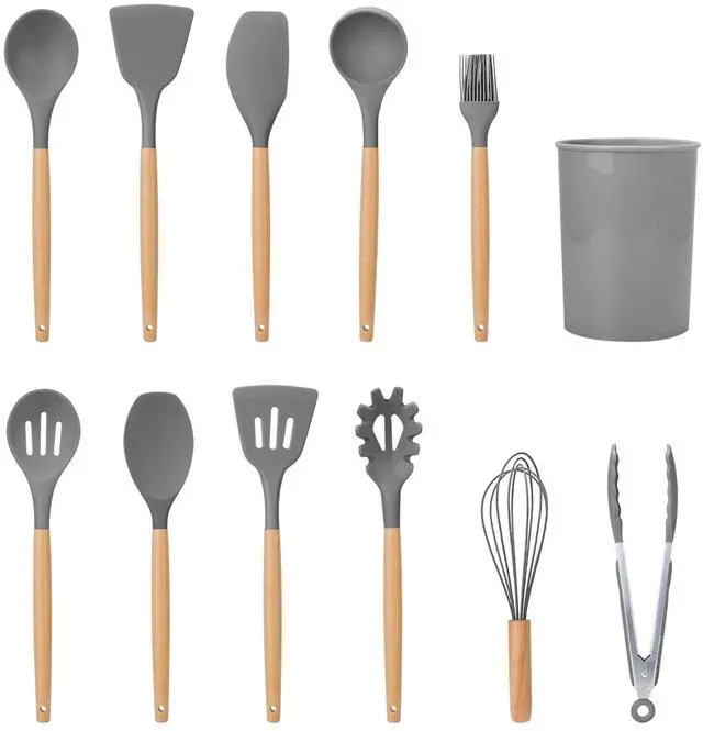 Main image of Fresh Fab Finds 11Pc Silicone Cooking Utensil Set w/ Wooden Handles - Gray - One size