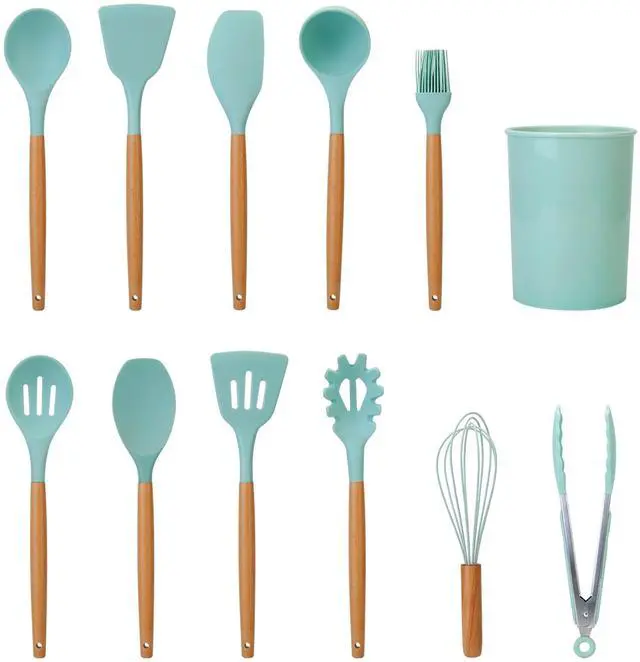 Main image of Fresh Fab Finds 11Pc Silicone Cooking Utensil Set w/ Wooden Handles - Light Green - One size