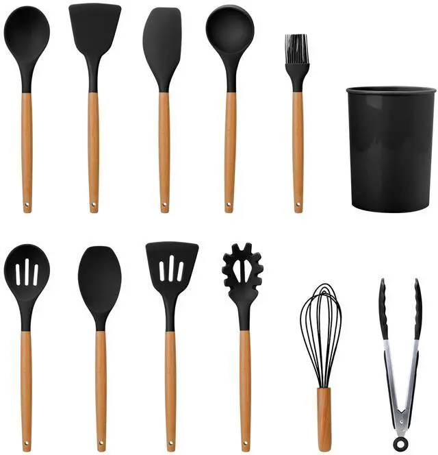 Main image of Fresh Fab Finds 11Pc Silicone Cooking Utensil Set w/ Wooden Handles - Black - One size