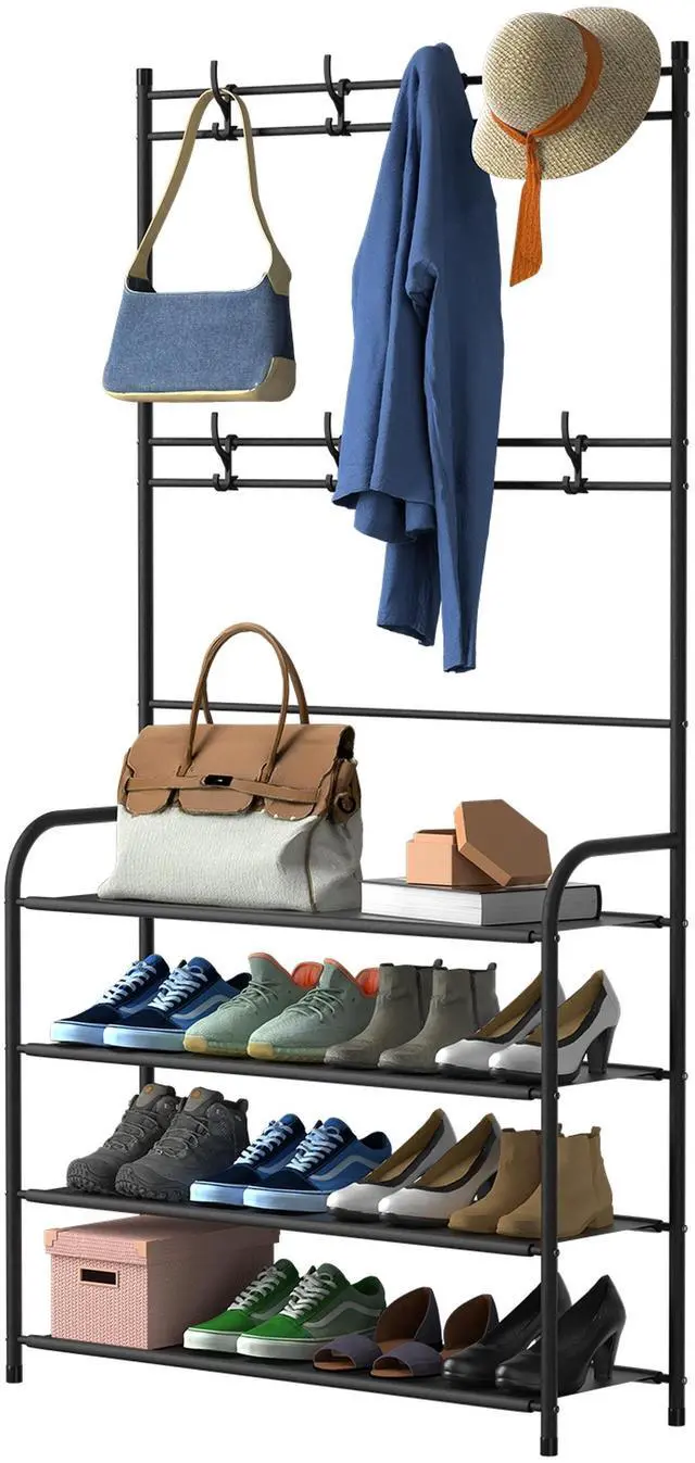 Main image of Fresh Fab Finds 4-Tier Entryway Coat & Shoe Rack Hall Tree Organizer Combo - Black - One size