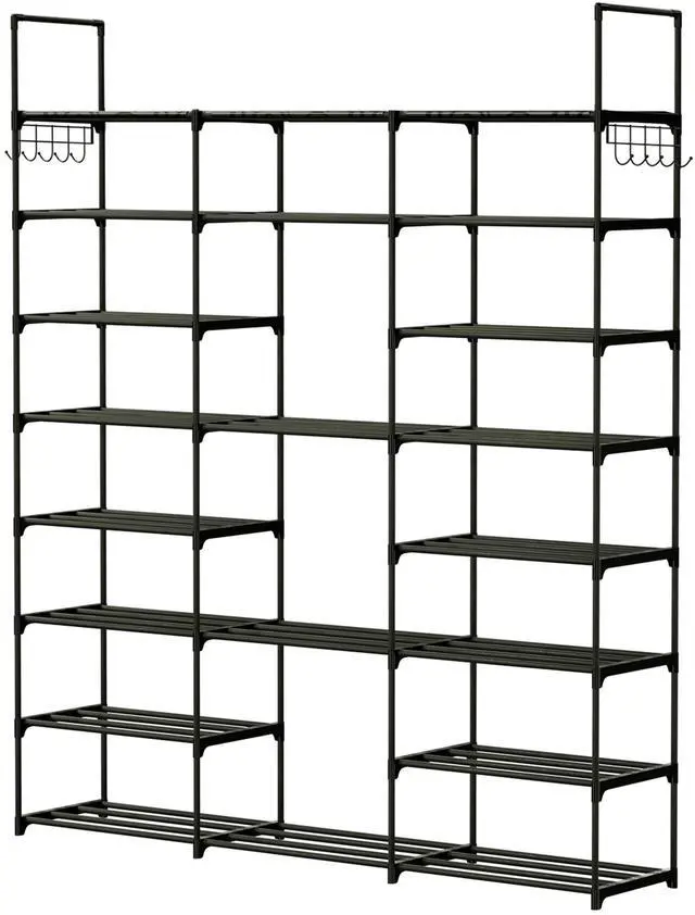 Main image of Fresh Fab Finds 8-Tier 3-Row Metal Shoe Rack for 42 Pairs w/ Hooks - Black - One size