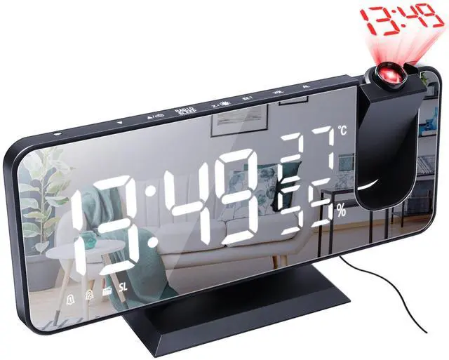 Main image of Fresh Fab Finds Mirror LED Projection Clock USB Dual Alarm 4 Dimmer - Black - One size