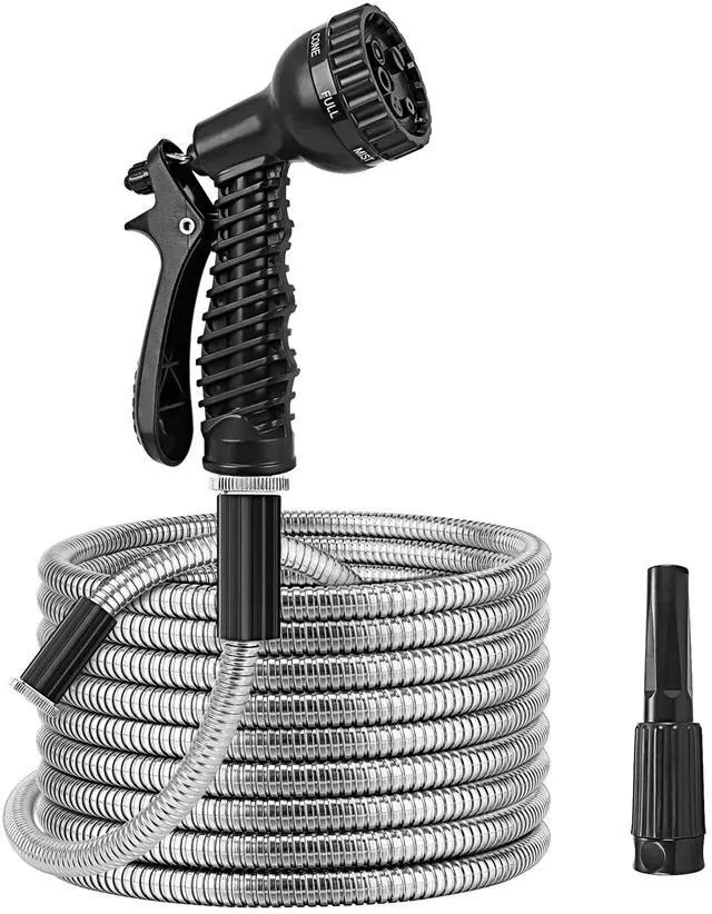 Main image of Fresh Fab Finds Stainless Steel Garden Hose Kit w/ Nozzles - Gray - 50 ft