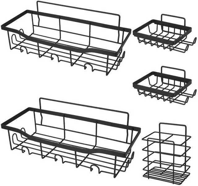 Main image of Fresh Fab Finds 5-Pack Wall-Mounted Shower Caddy Shelves w/ Hooks Adhesive Organizer - Black - One size