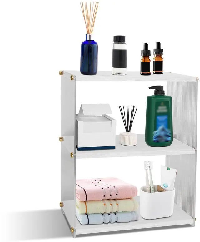 Main image of Fresh Fab Finds 3-Tier Acrylic Vanity Counter Organizer Wood Rack w/ Cup Holder - White - One size