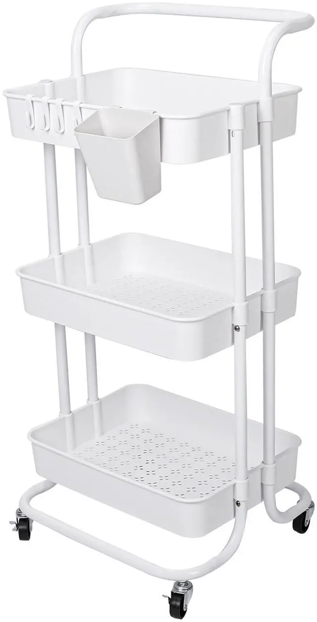 Main image of Fresh Fab Finds 3-Tier Rolling Utility Cart w/ Mesh Baskets & Hooks Lockable Wheels - White - 3-Tier