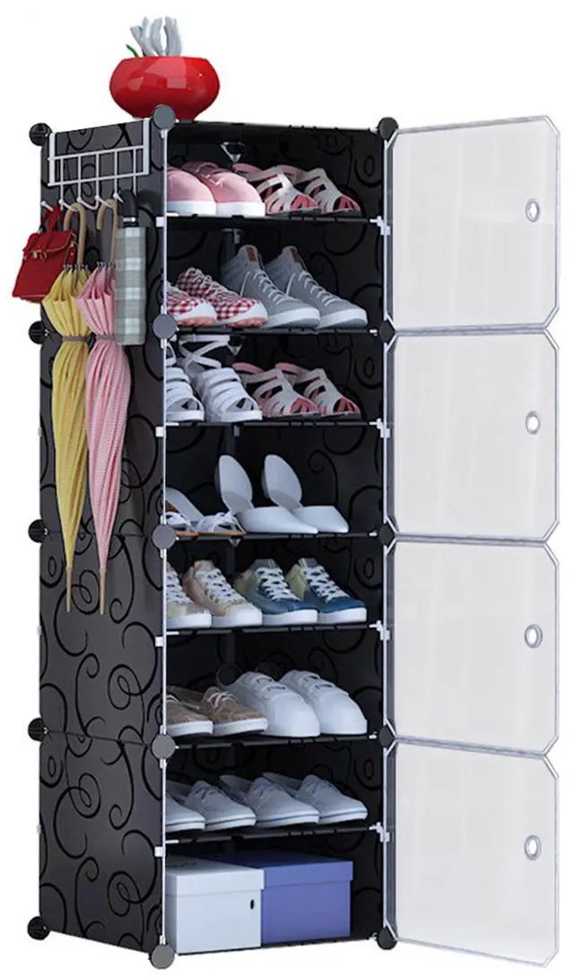 Main image of Fresh Fab Finds 8-Tier Stackable Shoe Rack w/ Doors Plastic Cabinet Tower Organizer - Black - One size