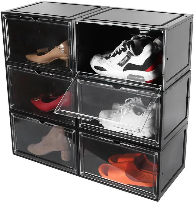 Main image of Fresh Fab Finds 6Pk Stackable Collapsible Shoe Boxes w/ Magnetic Door Transparent PP - Black - One size