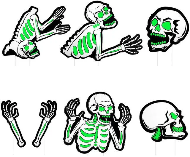 Main image of Fresh Fab Finds Halloween Skeleton Yard Signs 6Pcs Glow Skull Stakes Lawn Decor - Multicolored -