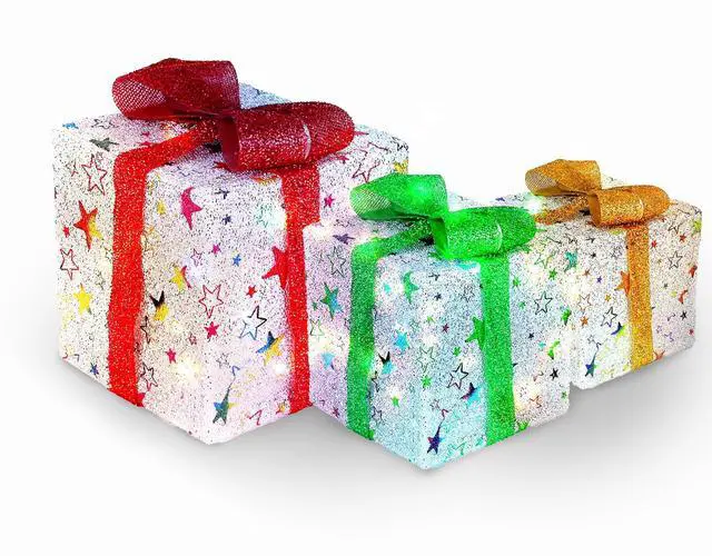 Main image of Fresh Fab Finds 3 Lighted Gift Boxes Christmas Ornament w/ 50 LED Lights Waterproof - Star -